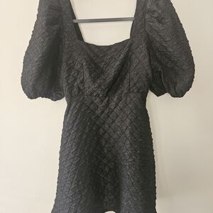 Textured Black Puff-Sleeve Mini Dress